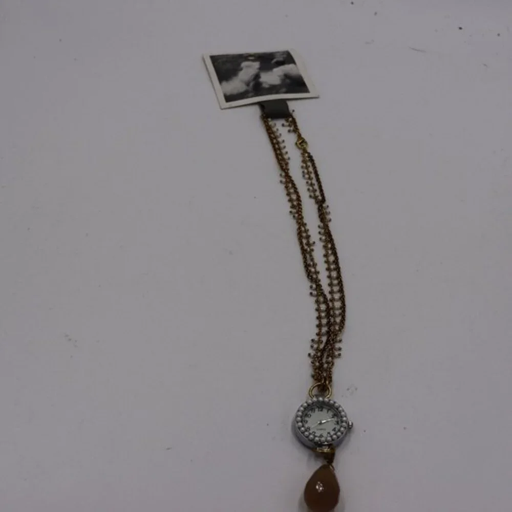 Anthropologie Bronze Tone & Pearl Accent Watch Necklace